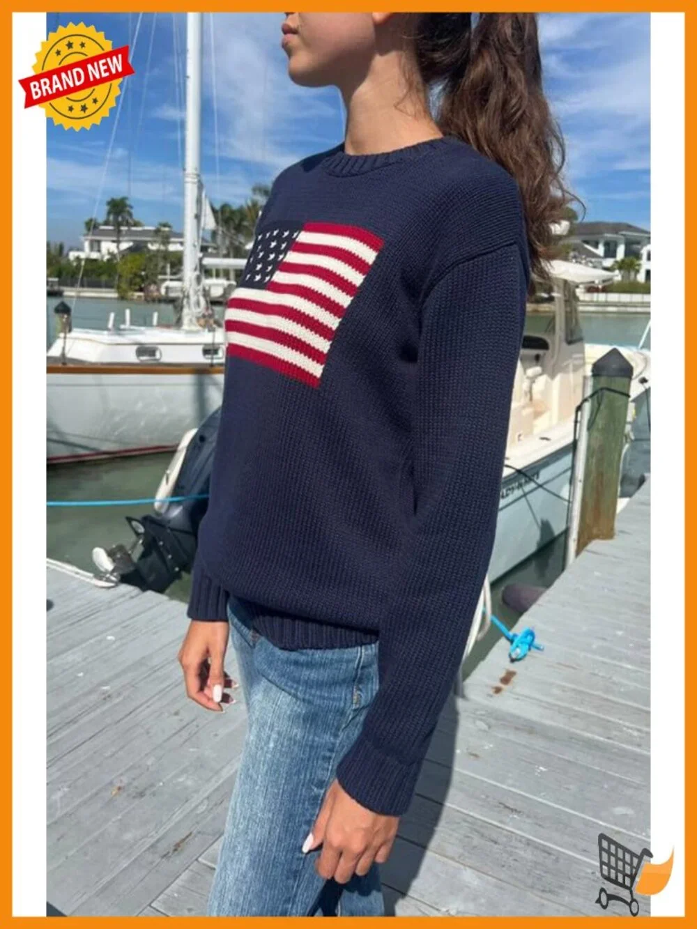 American Flag Crew Neck Loose Fit Knit Pullover Sweater
